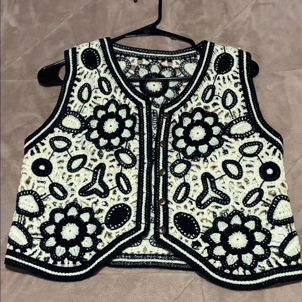 SHEIN Black and Cream Floral Crochet Cardigan